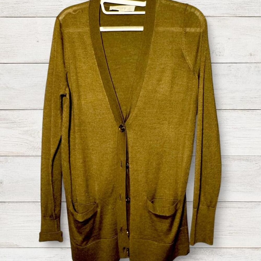 LOFT Women's M Olive Longline Boyfriend Cardigan Wool Blend Button Front Pockets